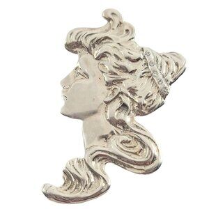 Sterling Silver Lady Face, Clear Rhinestone C Clasp Brooch